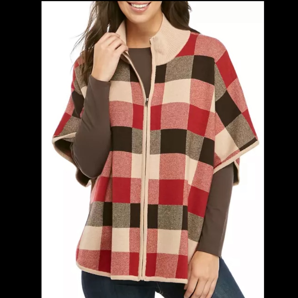 Jones New York plaid rib mock neck poncho